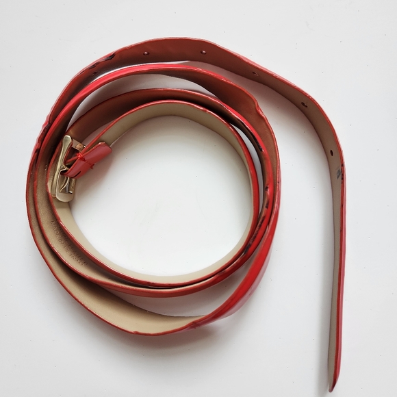 Vintage J Crew Factory Genuine Leather Skinny Red Belt Golden Buckle Size L - Picture 12 of 15